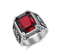 Grewod Anillos Boda Acero Inoxidable para Hombre, Patrón de Tulipán Vintage con Cristal Rojo 18mm Anillo Joyeria Tamaño 27