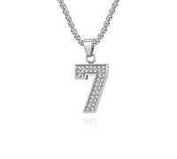 Grewod Collar Cadena de Acero Inoxidable para Hombre, Número 7 Circonita de Hip Hop Plata Collar Colgante 60 CM