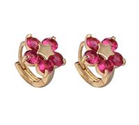 Grewod Pendientes Boda Mujer Oro Amarillo 18 Kilates Rubí Laboratorio Rosa Roja Redonda Flor y Estrella Aros Pendientes