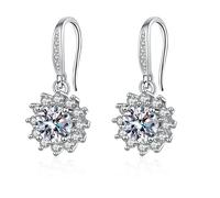 Grewod Pendientes Mujer Oro Blanco 14 K Moissanita Blanca Redonda Flor Joyas Pendientes Largos Boda