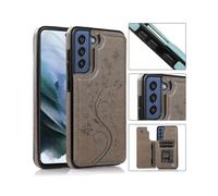 (Grey)Double Buckle Butterfly Floral Design Samsung Galaxy S23 Phone Case With Lens Protection, Built-in Stand, Hidden Card Slot, Waterproof