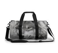 Grey Wolf - Bolsa de deporte cilíndrica con estampado de madera rústica de lobo gris con correa para el hombro para mujeres y hombres