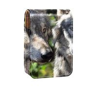 Grey Wolf Two Wolves Wild - Estuche portátil para pintalabios para viajes, mini caja de almacenamiento de lápiz labial con espejo para mujeres y mujeres, bolsa de cosméticos de cuero, Varios colores, 9.5x2x7 cm/3.7x0.8x2.7 in