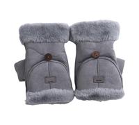 (Grey)Women Winter Suede Gloves Thickened Convertible Fingerless Mittens Fleece-lined Warm Gloves with Fluffy Cuffs for Outdoor Cycling Hiking