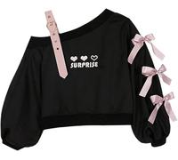 grhaat Kawaii - Sudadera con capucha y hombros descubiertos con lazo y estampado de corazón bordado de Lolita japonesa, bonita camiseta corta con cordones, Negro (Black Top), M
