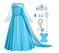 Gridamea Disfraz de Elsa para niñas, disfraz de reina de hielo, vestido de princesa con corona/varita/guantes/trenza/pendientes/anillo para cumpleaños de niños, Halloween, fiesta, Cosplay
