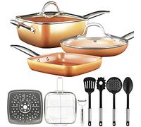 gridinlux® | Batería de Cocina 12 piezas Cobre | Set Juego de sartenes Acero Inox con tapa Vidrio Templado | Todo tipo de Cocinas: Inducción Gas Vitro | Horno | Utensilios
