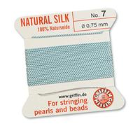 Griffin cordón de seda para abalorios (100% natural/cadena/hilo para ensartar cuentas de perlas o - turquesa azul - 2 m con una Aguja - elegir de 13 tamaños, Blue/Turquoise, 0.75mm