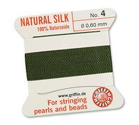 Griffin cordón de seda para abalorios (100% natural/cadena/hilo para ensartar cuentas de perlas o - verde oliva - 2 metros con una Aguja - elegir de 13 tamaños, verde, 0.60mm (No. 4)