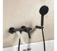 Grifo Bañera y Ducha, Grifo Bañera en Cascada de Latón con Alcachofa de 3 Modos y Manguera de Acero Inoxidable 1.5m y Soporte (Negro)