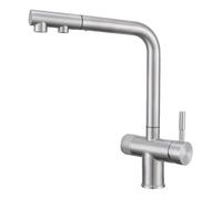Grifo Cocina 3 Vias Osmosis Extraible Acero Inoxidable Agua Fría y Caliente Agua Pura Rotación de 360° 2 Manijas Grifo Osmosis 3 Vias Extraible-Cepillado