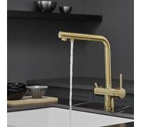 Grifo Cocina 3 Vias Osmosis Extraible Giratorio Latón 2 Manijas Orificio Único Grifo 3 Vias Extensible-Oro Cepillado