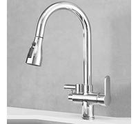 Grifo Cocina con Interfaz de Lavavajillas Grifo Fregadero Cocina Extraible Girar Grifos de Cocina Orificio Único 2 Manijas Latón-Cromado
