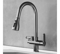 Grifo Cocina con Interfaz de Lavavajillas Grifo Fregadero Cocina Extraible Girar Grifos de Cocina Orificio Único 2 Manijas Latón-Gris