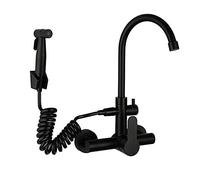 Grifo Cocina de Pared Negro Acero Inoxidable Agua Fría y Caliente Grifo con Pistola de Pulverización Doble Orificio Multifunción Grifo de Lavabo de Cocina