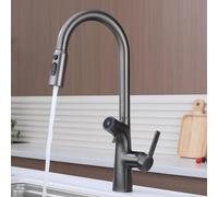 Grifo Cocina Osmosis 3 Vias Extraible Agua Pura Fría y Caliente Giratorio a 360° Grifo 3 Vias Osmosis Latón-Gris