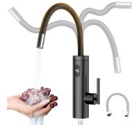 Grifo con Calentador Instantáneo, 3300W de Acero Inoxidable con Tubo de Suministro de 40cm, Grifo de Agua Caliente Instantánea LED Giratorio 360° en Negro