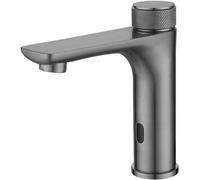 Grifo con sensor automático sin contacto para baño, diseño gris moderno, instalación manos libres, tecnología de ahorro de agua, grifo de fregadero de lavabo, solución ecológica.