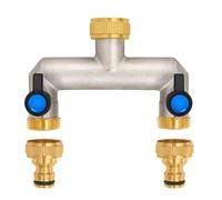Grifo de 2 vías de latón para 2 dispositivos/mangueras de jardín, distribuidor de 2 vías de 3/4 pulgadas, adaptador de 1/2 pulgadas, con válvula de bola para regular y bloquear el flujo de agua