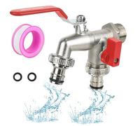 Grifo de agua doble de latón de 3/4 pulgadas, válvula de salida de doble bola, grifo de doble salida, grifo doble para exteriores, resistente a la oxidación y a las heladas + 2 conexiones de manguera