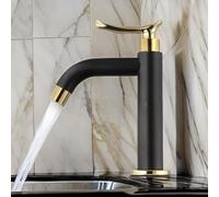 Grifo de agua fría individual para fregadero de baño, hecho de acero inoxidable 304, acabado negro y dorado, operación de una sola manija para un uso cómodo (alto)