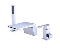 Grifo de bañera de cascada de 3 agujeros montado en cubierta con ducha de mano, grifo mezclador de baño de una sola manija en plata, actualización de baño moderno, fácil instalación, diseño elegante