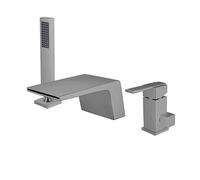 Grifo de bañera de cascada gris con ducha de mano, grifo mezclador de 3 agujeros montado en la cubierta, elegante diseño de una sola manija para baños modernos, fácil instalación, experiencia de spa