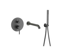 Grifo de bañera empotrado moderno gun metal dos vias dos salidas alcachofa y caño 21 cm flexo 150 cm Jucar de Valaz