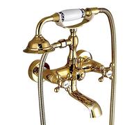 Grifo De Bañera, Grifo De Ducha Con Ducha De Mano, Latón Dos Asas Mezclador Baño Y Ducha, Incluye Soporte Y Manguera De 150 Cm, Montaje En Pared, Estilo Antiguo, Dorado