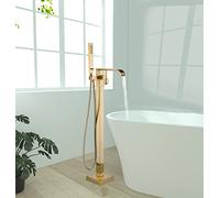 Grifo de bañera independiente dorado cepillado para montaje en el suelo, relleno de bañera de alto flujo con ducha de mano, latón macizo, giratorio de 360 grados, grifos mezcladores de pie para baño