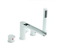 Grifo de bañera negro de 4 agujeros con cascada de ducha de mano de latón de doble palanca, grifo mezclador moderno para lavabo de baño, diseño de cascada de lujo para una experiencia de baño elegante
