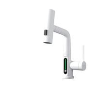 Grifo de baño acero inoxidable, grifo mezclador lavabo en cascada extraíble con pantalla LED, frío y caliente,Seguro y Confiable(Bianco)