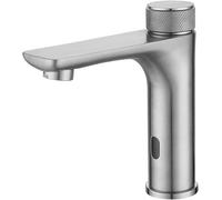 Grifo de baño automático sin contacto con sensor, diseño gris moderno, instalación manos libres, tecnología de ahorro de agua para lavabo y fregadero.