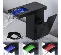 Grifo de baño con luces LED, color negro, grifo de cascada, grifo de lavabo de 3 colores, grifo de agua caliente y fría, grifo monomando moderno para baño (tubos de 60 cm incluidos)