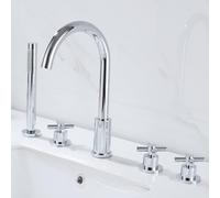 Grifo de baño cromado de lujo de 4 agujeros con cabezal de ducha y manguera, elegante grifo mezclador de baño de agua fría y caliente para una experiencia de baño elegante