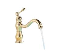 Grifo de baño de latón antiguo montado en la cubierta Grifo de lavabo Mezclador de agua fría y caliente Grifo de lavabo con grúa Columna de agua Estilo alto y corto para Fregadero(Golden Short)