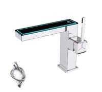 Grifo de baño de un solo agujero con visualización de temperatura, grifo mezclador para fregadero de caravana, moderno grifo de tocador (plateado) elegante y eficiente