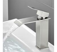 Grifo de baño en cascada de acero inoxidable XWIHTR: grifo monomando para lavabo con agua fría y caliente, ahorro de agua (acabado cepillado)