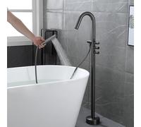 Grifo de baño independiente gris plomizo con cabezal de ducha y manguera de 1,5 m, 3 perillas, cuello de cisne, construcción de latón, accesorio de baño moderno