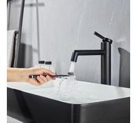 Grifo de Baño LakeBayMZC Alto Negro con Altura de Desagüe 203 mm, Herraje de Latón para Baño con Codo Giratorio 360°, Grifo de Lavabo, Lavabo en el Baño y WC de Invitados