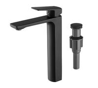 Grifo de baño negro mate de una sola manija para fregadero de recipiente alto, grifo mezclador para lavabo con manguera de suministro de agua y drenaje desplegable para fregadero