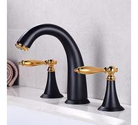 Grifo de Baño Retro Vintage de 3 Orificios Negro Y Dorado Mezclador de Lavabo de 2 Manijas Agua Caliente/Fría