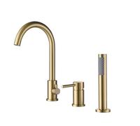 Grifo de Borde de Bañera con Alcachofa 360° Rotación Cuello de Cisne Grifo Bañera y Ducha,Oro Cepillado