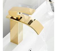 Grifo de Cascada Dorado, Mezclador de Lavabo frío y Caliente de un Solo Orificio, Grifo de Lavabo de latón para baño, Corto