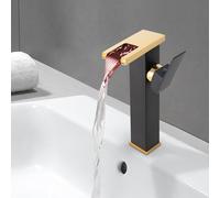 Grifo de cascada LED de acero inoxidable 304, 3 colores que cambian de color, grifo de lavabo con sensor de temperatura, grifo mezclador para lavabo de baño alto grifo de lavabo caliente y frío (negro