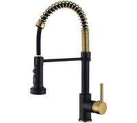 Grifo de cocina con pulverizador, fregadero de primavera de acero inoxidable 304 fregadero de cocina giratoria alta para un solo mango de agua de agua, dorada (cepillada)