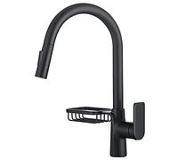 Grifo de cocina con rociador extraíble, arco alto, giratorio 360°, extensible, for fregadero, montaje en cubierta, grifo monomando jabonera, color gris(Noir)