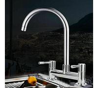 Grifo de cocina cromado moderno, 2 agujeros, 1/4 de vuelta, palanca doble, boquilla giratoria de 360°, montaje en cubierta de latón, centros de 180 mm, estándar del Reino Unido y diseño elegante