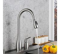 Grifo de cocina de 2 orificios con rociador desplegable, rociador de arco alto, grifos de barra de cocina con manija única lateral, grifo de fregadero de cocina comercial para agua fría y caliente (c