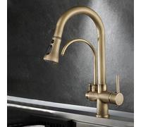 Grifo de cocina de 3 vías con manguera extraíble, grifo de agua potable, cuello de cisne negro y dorado, boquilla giratoria de latón (antiguo)
